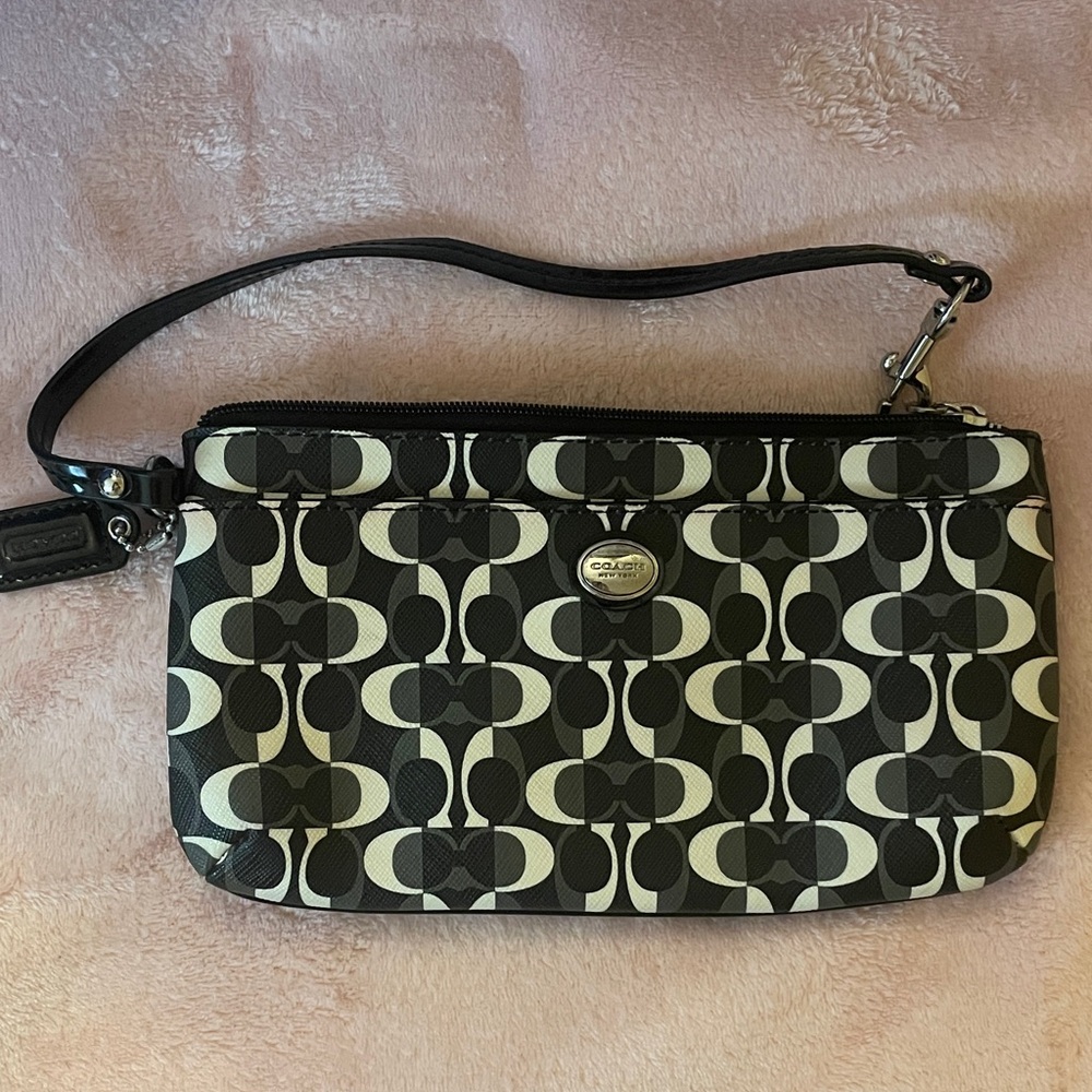 Coach Monogram Black and Cream Wristlet